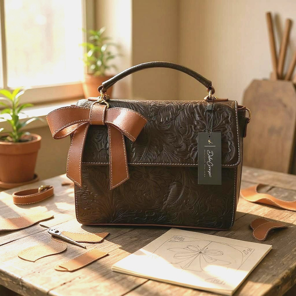 Handmade Handbags - Cafe Brown Bow Embossed Tooled Artisan LEATHER Cross Body Messenger Bag Purse